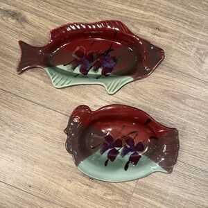 Kent Follette Signed Art Pottery Cranberry Red Green Chicken Fish Bowls Set Of 2